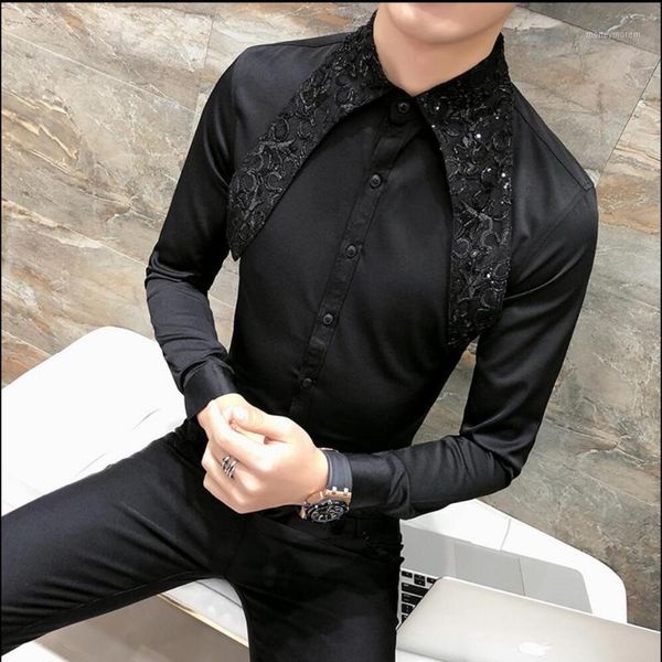 

men's casual shirts -3xl men stitching sequined black shirt tide hairstylist dj nightclub long-sleeved singer stage performance costum, White;black