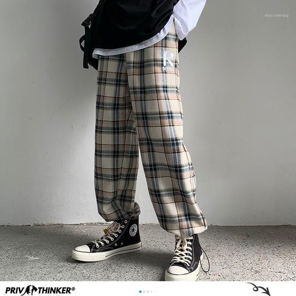 

korean men's checked pants streetwear man casual loose wide leg pants 2020 hip hop man harem trousers1, Black