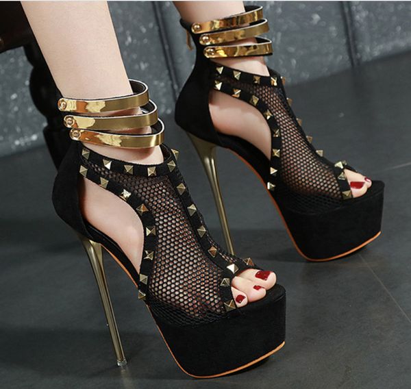 

new style women's shoes european and american super high heel stiletto rivet hollow mesh high sandals, Black