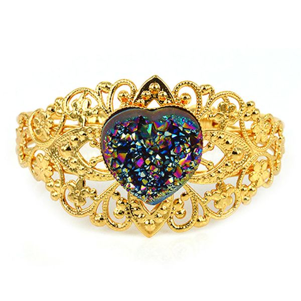 

bangle fashion vintage style golden rainbow purple heart shape druzy stone charms base open bangles for women pulseras mujer, Black