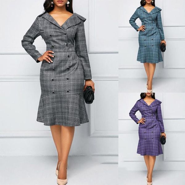 

fashion women plaid button v neck long sleeve mermaids tail evening party dress1, Black;gray