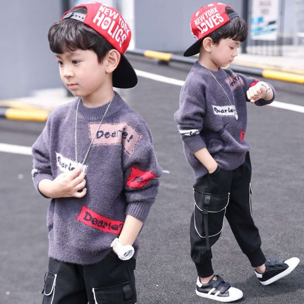 

winter sweater pullover autumn wear boys' 2020 new children's middle and big children mink veet foreign sle boy han banchao, Blue