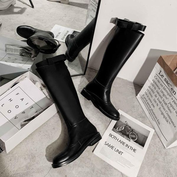 

boots riding women's shoes brogue carved cow leather knight buckle round toe women keep warm knee high, Black