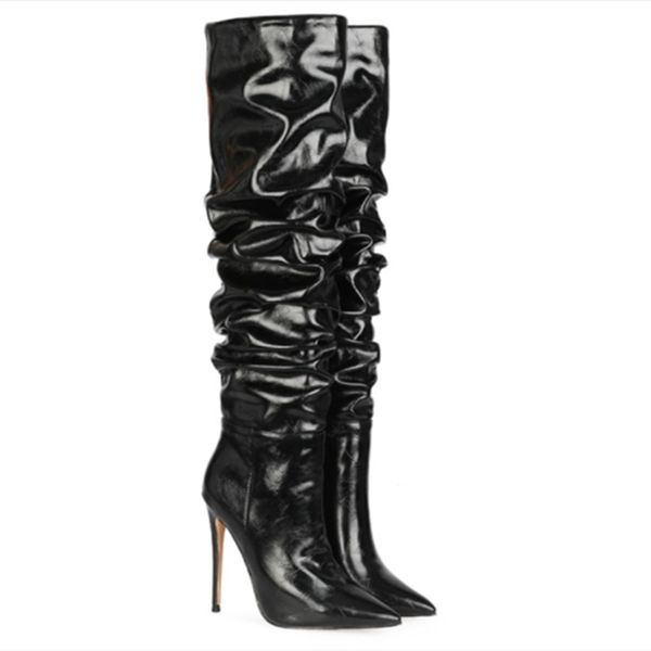 

boots fashion women's boots, pleated decoration, about 12cm high-heeled knee length boots. size:34-45, Black