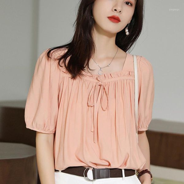 

white pink blue blusas mujer de moda 2020 summer korean style new short sleeve square collar stitching women shirt 08c1