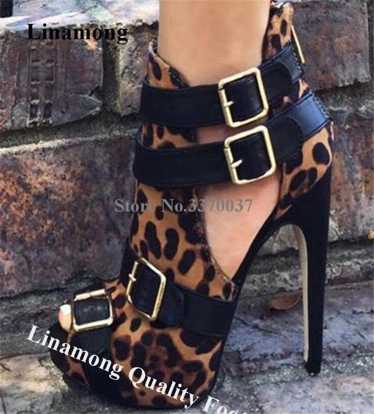 

dress shoes linamong western fashion leopard high platform stiletto heel pumps suede leather buckles straps cut-out heels, Black