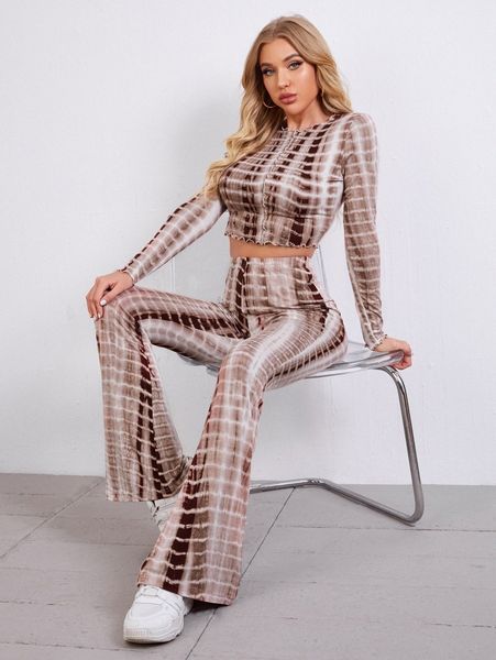 

tie dye lettuce edge tee and flare leg pants set i1z3#, White