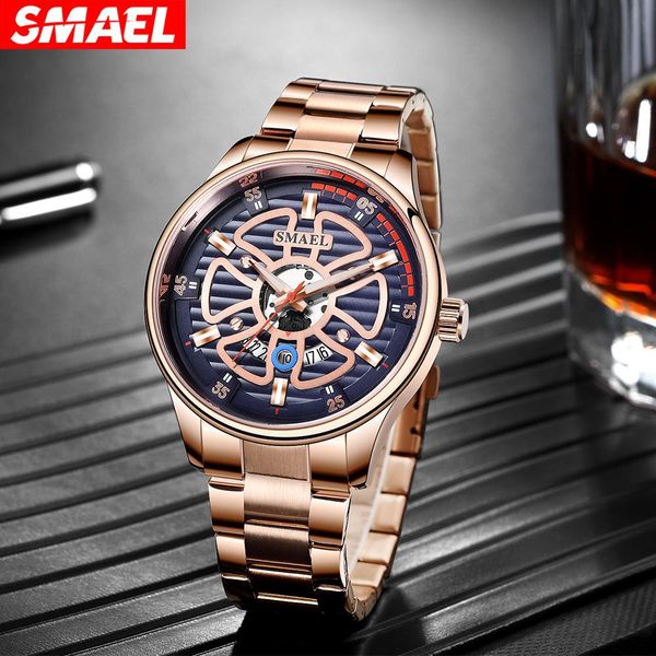 

new smael smer watch men's business steel band waterproof quartz watch rose gold calendar men's watch, Slivery;brown