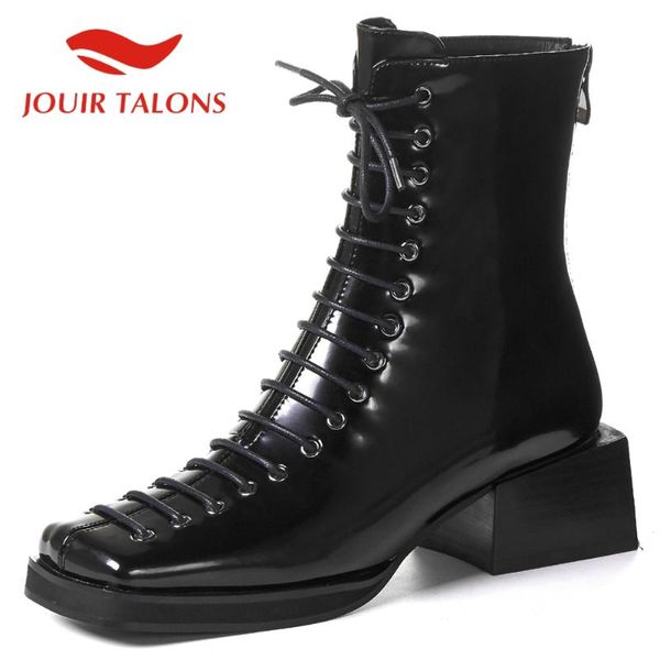 

jouir talons new fashion brand women shoes big size 39 square toe cross-tied zipper ankle boots leisure sqaure thick heels boots, Black