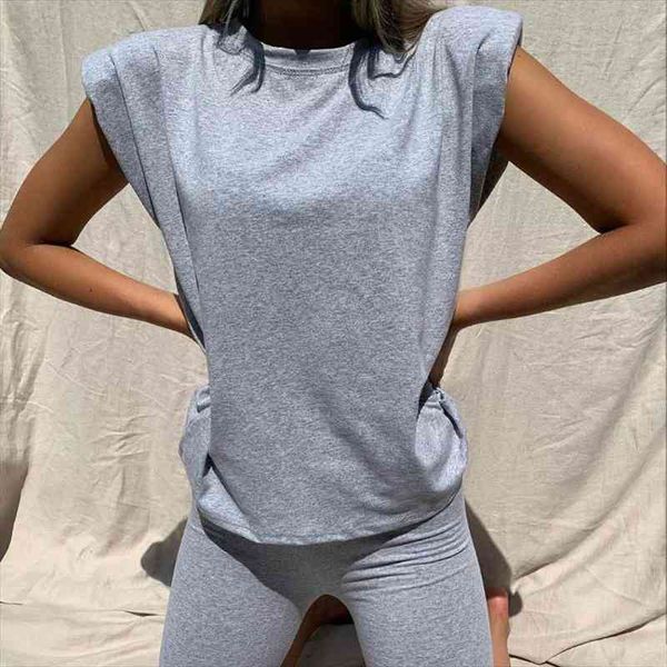 

shoulder pad t-shirts o neck sets khaki sleeveless two piece set crop and shorts drawstring 2 piece women set, Gray
