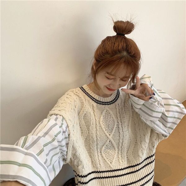 

autumn and winter new 2020 relaxed lazy style sweater sweaterfake two piece stripe stitching long sleeve knitted sweater women's green, White;black