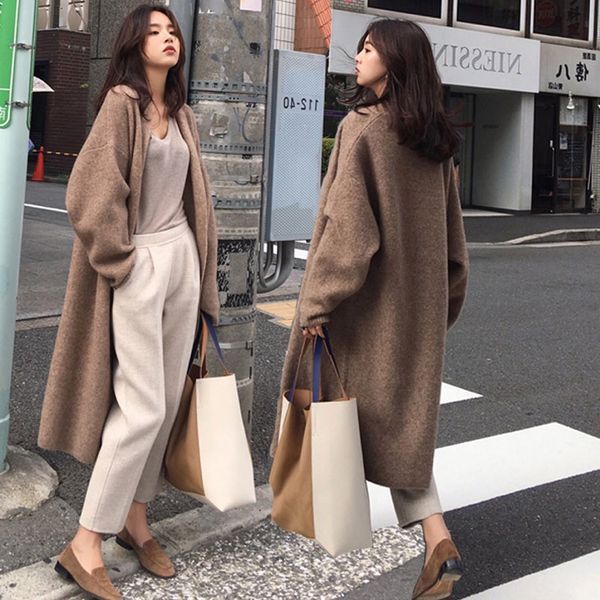 

2020 women autumn winter thick oversized long sweater coat full sleeve knitted cardigan jacket open stitch, Tan;black