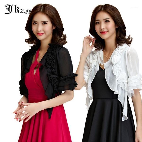 

xxxl ladies ruffled chiffon 2020 summer ruffles short jacket with 3d flowers half sleeve small cardigan thin shawl 98611, Black;brown