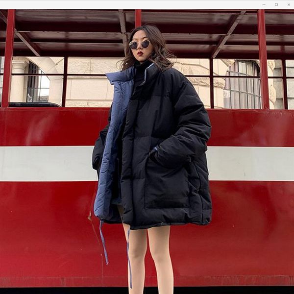 

2021 new women winter wear on both sides bread loose jacket of in contrast to women's sewing color yscd, Black