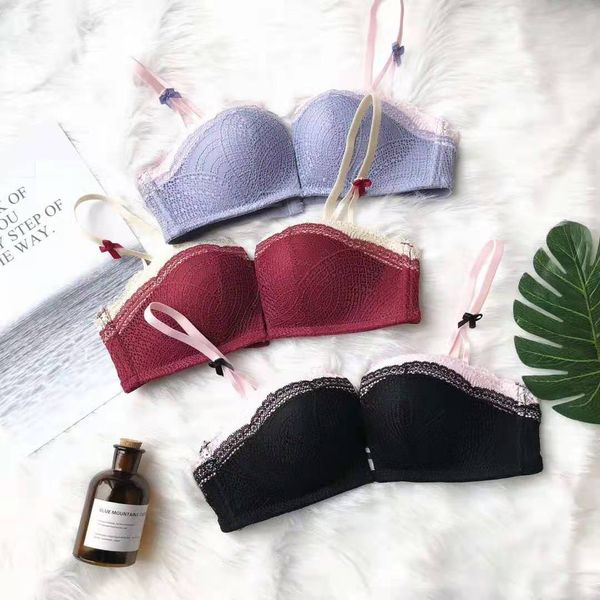 

no steel ring thin style gathered lace girl comfortable small bra adjustable color contrast four corner cup underwear, Red;black