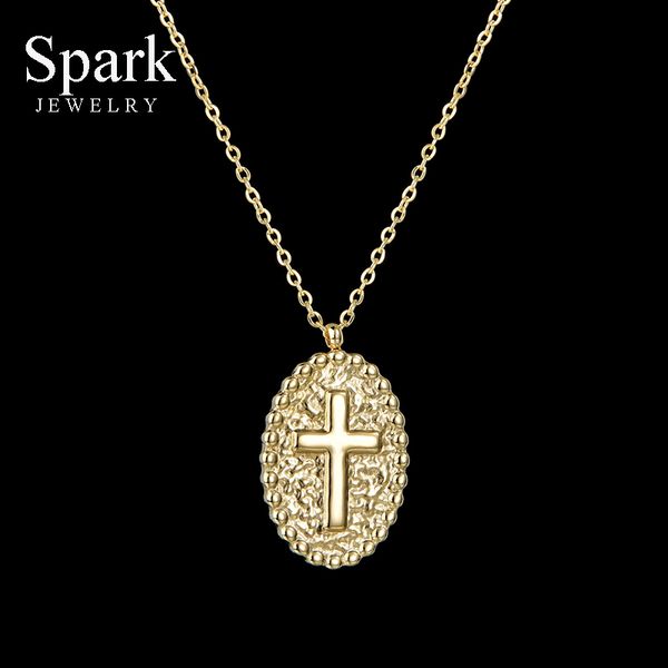 

pendant necklaces spark gold stainless steel religious jesus cross necklace for women simple oval choker party gift collar femme, Silver