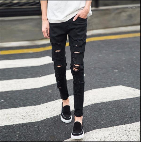 

new men hole beggar pants slim tide hairstylist summer jeans trousers personality dj nightclub ripped jeans singer costumes1, Blue