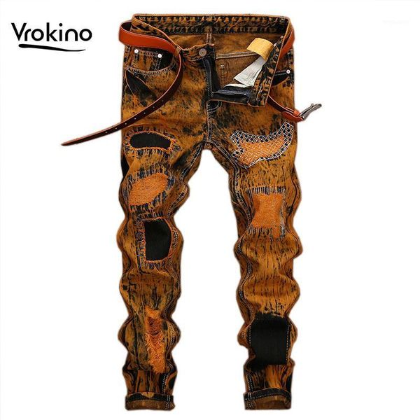 

vrokino brand 2020 new arrival men's hip hop fashion hole jeans casual and refined slim retro jeans increase size 40 421, Blue
