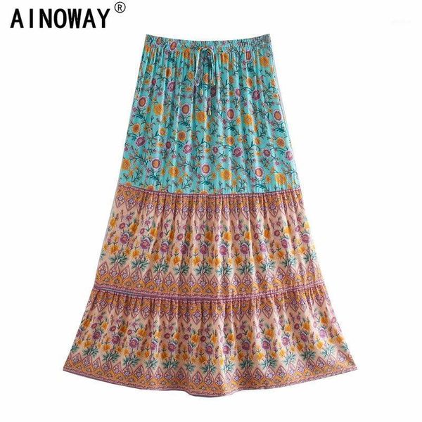 

vintage chic women green floral print ethnic beach bohemian skirt ladies high elastic waist rayon cotton boho maxi skirts1, Black