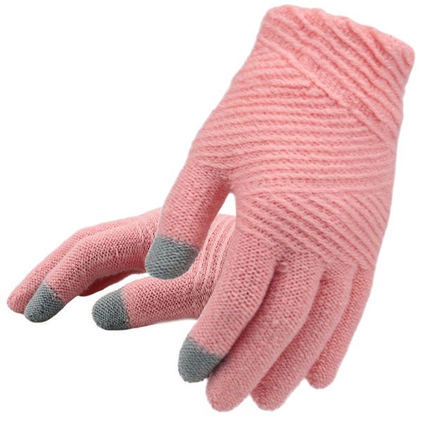 

women knitted female keep warm touch screen mittens fashion outdoor stripe full finger knit gloves, Blue;gray