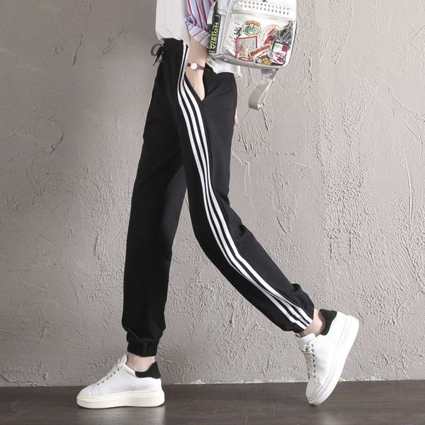 

stretch slacks women's spring autumn casual pants necking large size bloomers three bars hip hop, Black;white