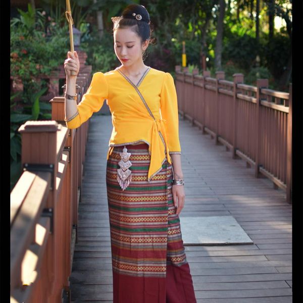 

thai dress ethnic style summer thin breathable daily wear phasin asian clothes for women thailand traditional clothing, Red