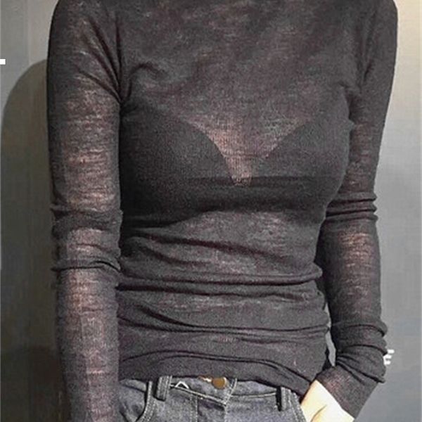 

autumn 2021 new new high neck long female t-shirt elastic thread micro transparent bottom thin rxoa slcm, White