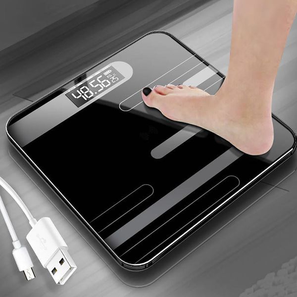 New Bathroom Assoalho Body Scale Glass Smart Electronic Scales USB Carregamento LCD Display Corpo Pesando Home Digital Peso Scala Y200106