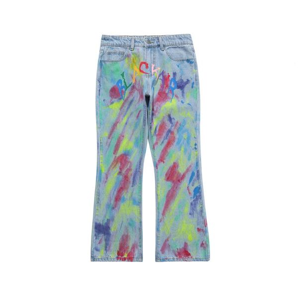 

men's jeans graffiti printed streetwear hip hop men straight trousers male harajuku high street fashion denim pants hommes, Blue