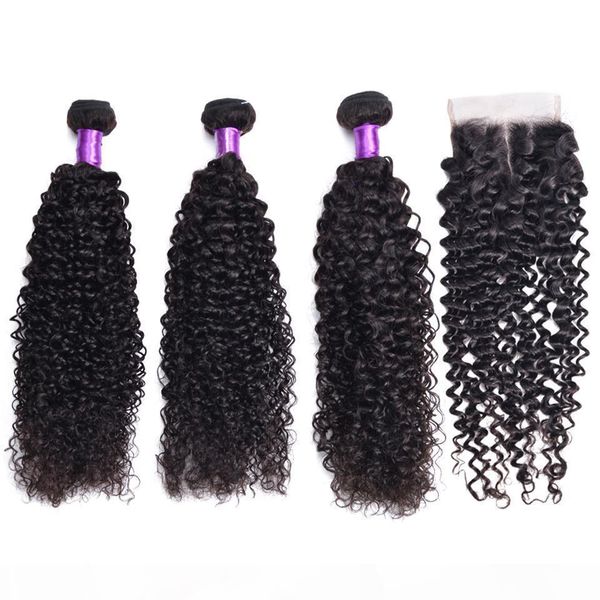

kinky curly bundles with closure human hair bundles with closure non-remy brazilian hair weave bundles, Black