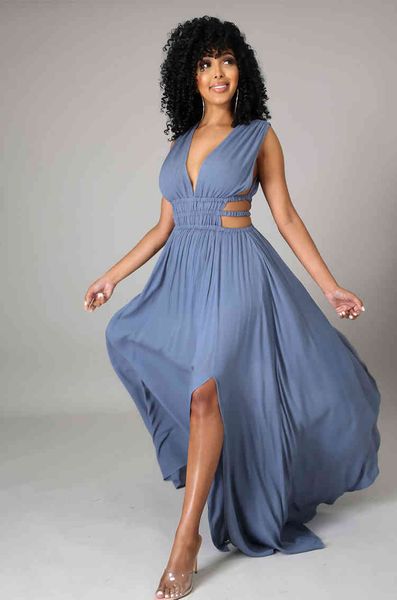 

womens sleeveless v-neck fashion casual large solid color slit long skirt simple dress, Black;gray
