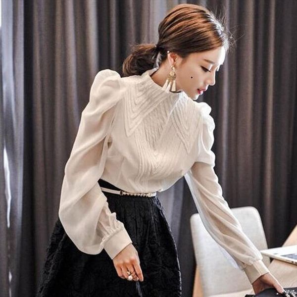 

elegant stand collar blouse shirts pleated lantern tiered sleeve blouses office ladies transparent blusa femininas, White