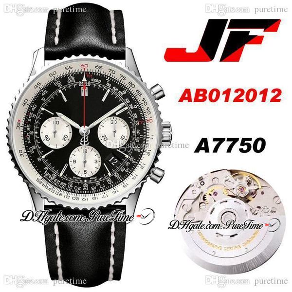 

jf ab012012 eta a7750 automatic chronograph mens watch white inner black dial silver subdial black leather with white line puretime ptbl d40, Slivery;brown