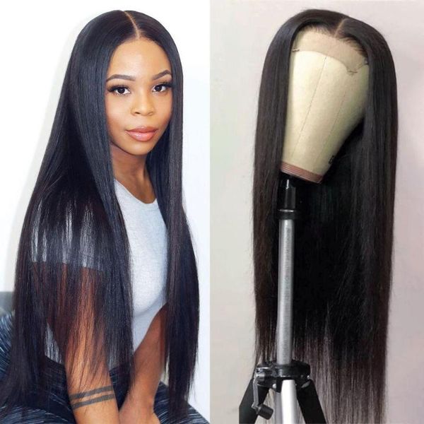 

lace wigs 28 30 inch peruvian 4x4 closure front human hair pre plucked with baby straight frontal wig for black women, Black;brown