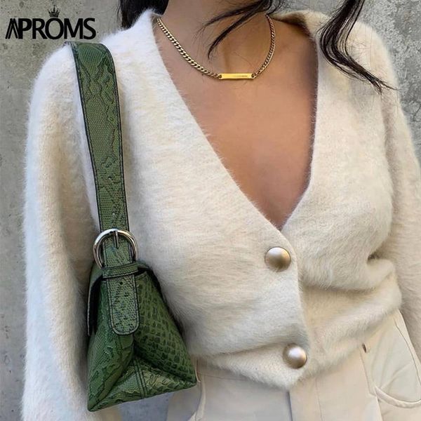 

aproms deep v-neck soft knitted cardigans women 2021 winter solid mohair big buttons long sleeve sweaters female loose outwear, White