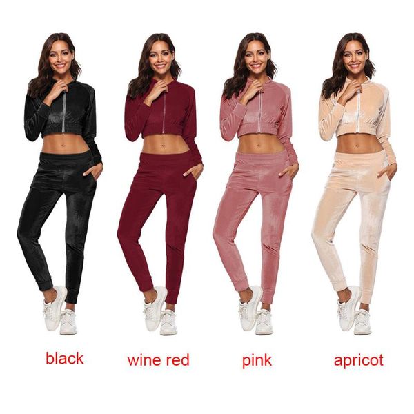 

womens tracksuits sportswear jogger clothes collared zipped velvet crop tracksuits long sleeve sweatshirt pants tracksuit, Gray