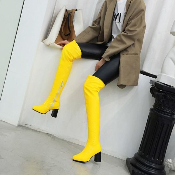 

boots red yellow green black patent leather women winter over-the-knee ladies fashion thick heel round toe long1
