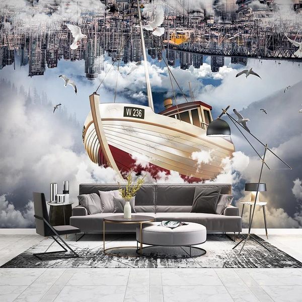 

wallpapers custom po mural city building seagulls sailboat clouds sky creative 3d poster decoration wall painting non-woven wallpaper