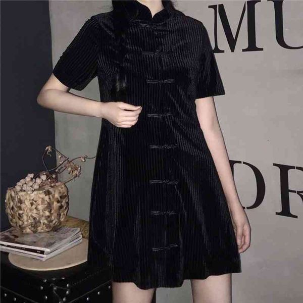

vintage loose short sleeve cheongsam button thin corduroy black mini dress women gothic lolita party korean harajuku kawaii, Black;gray