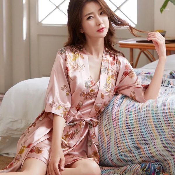 

women satin nightwear 2pcs nighty&robe suit spring summer new sleepwear kimono gown casual intimate lingerie home clothes1, Black;red