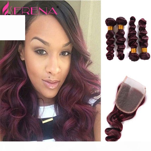 

grade 7a wine red brazilian remy human hair extensions 5pcs five piece burgundy virgin hair bundles 99j peruvian hair loose wave weft, Black;brown