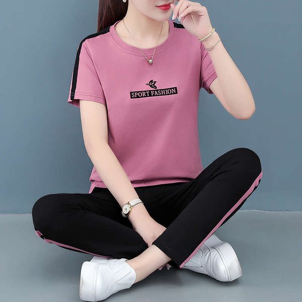 

leisure sports suit 2020 new fashion running clothes pure cotton women's summer loose two piece set, Gray