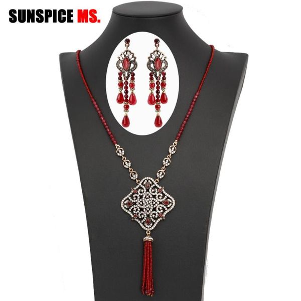 

sunspice-ms handmade natural stones bead earring necklace set for women morocco antique gold color wedding jewelry, Silver