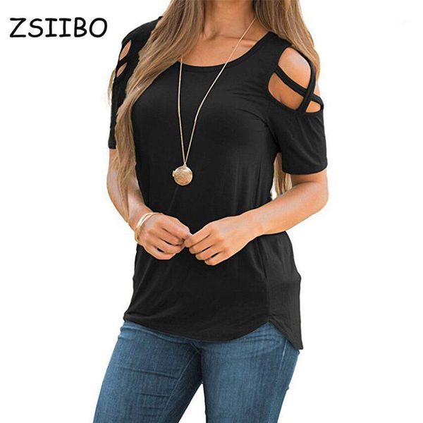 

women t shirt short sleeve strappy cold shoulder tee women short sleeve o-neck casual tees plus size clothing1, White
