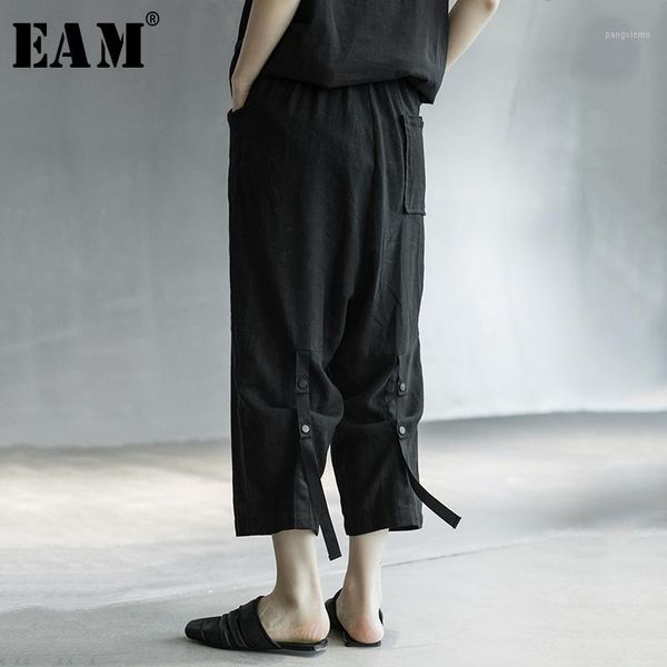 

eam] high elastic waist balck back buckle linen harem trousers new loose fit pants women fashion tide spring summer 2020 1x0191, Black;white
