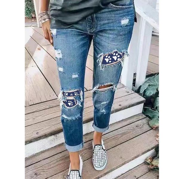 

wepbel women's pencil denim pants jeans hole color matching slim jeans women ripped trousers fashion, Blue