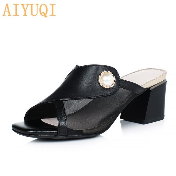 

slippers aiyuqi slides women summer 2021 outdoor shiny shoes open toe mid heel fashion net yarn genuine leather, Black