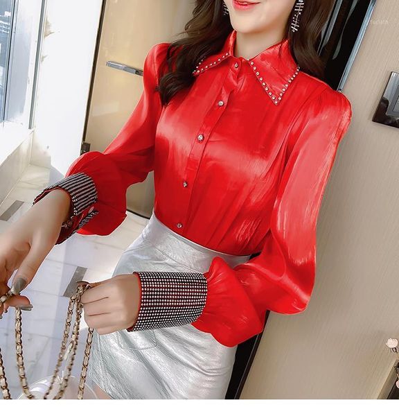 

autumn women glossy shirts full sleeve women red shirts lady office rhinestones femme bead work blouses1, White