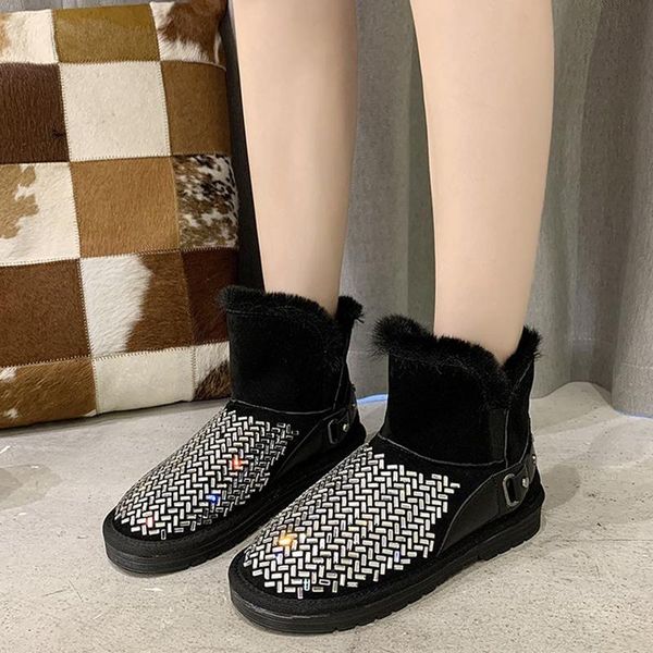 

rimocy shiny crystal flat ankle boots for women 2020 winter warm short plush snow boots woman slip on platform shoes ladies, Black