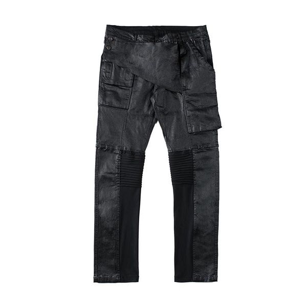 

men's jeans aboorun punk wax coating pleated biker men fashion patchwork streetwear slim black denim pants for male r3173, Blue